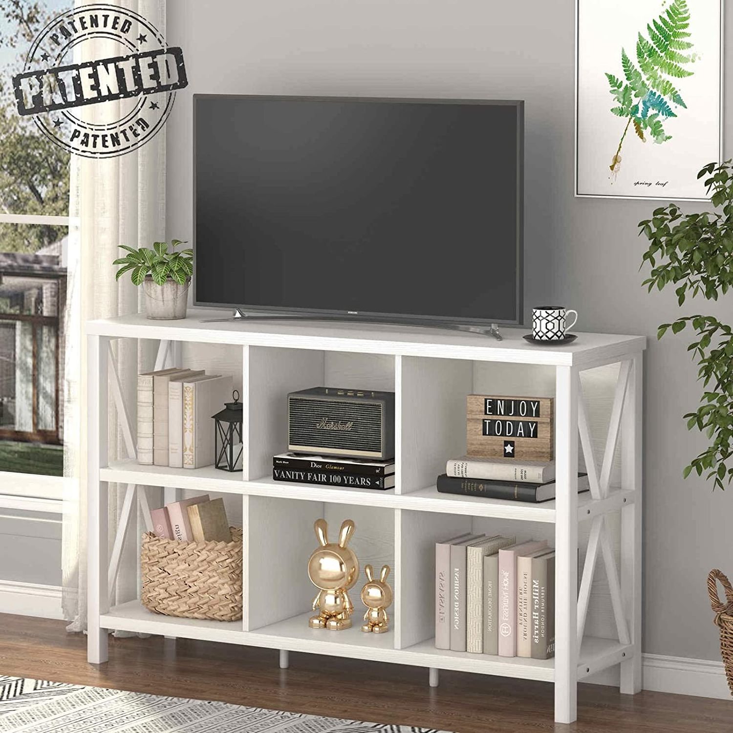 White Industrial Horizontal Bookshelf 6 Cube Storage Organizer with Shelf TV stand