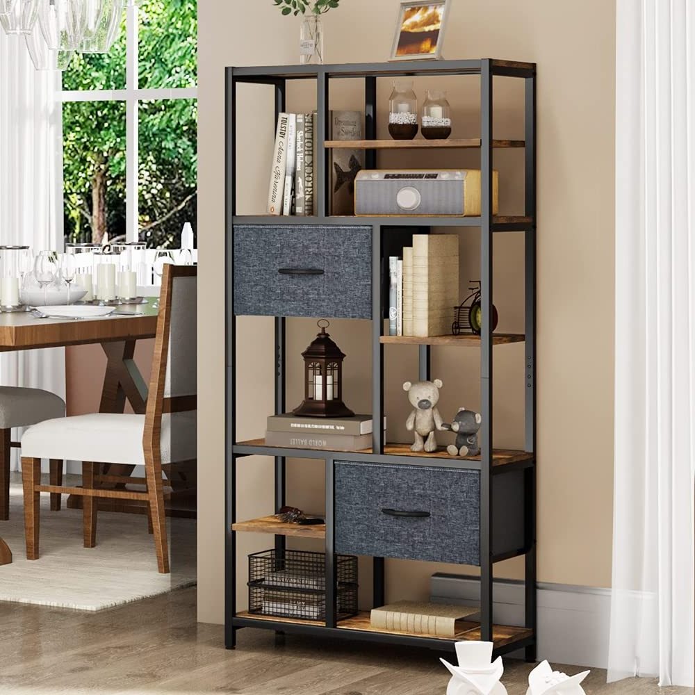 Modern 5 Tier Tall Large Bookshelf with Fabric Drawers  Large Capacity Office Shelf Space Divider for Bedroom Shelves