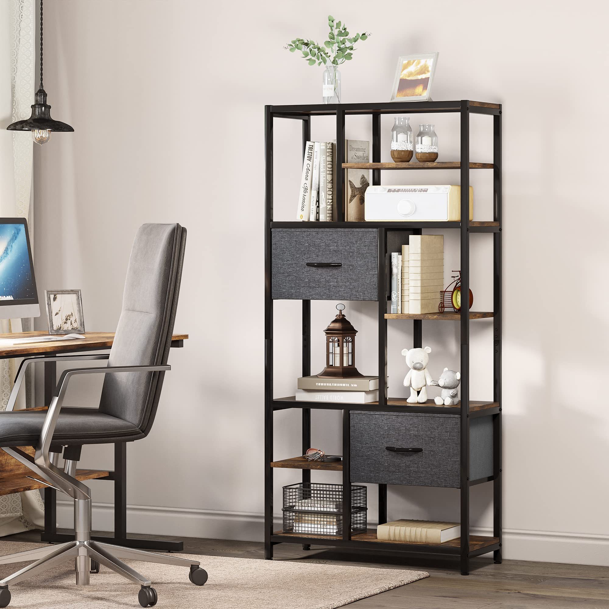 Modern 5 Tier Tall Large Bookshelf with Fabric Drawers  Large Capacity Office Shelf Space Divider for Bedroom Shelves