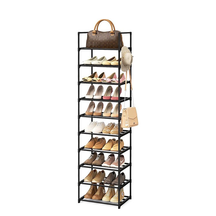 Entrance channel dual shoe storage rack Durable black metal stackable shoe cabinet with hook