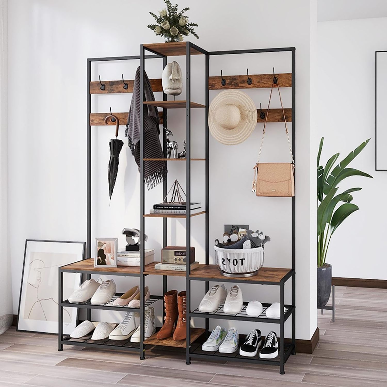 Wooden Industrial Entryway Corner Coat Rack Stand with Shoe Rack Storage Bench for Home Living Room