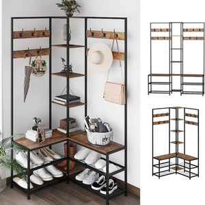 Wooden Industrial Entryway Corner Coat Rack Stand with Shoe Rack Storage Bench for Home Living Room