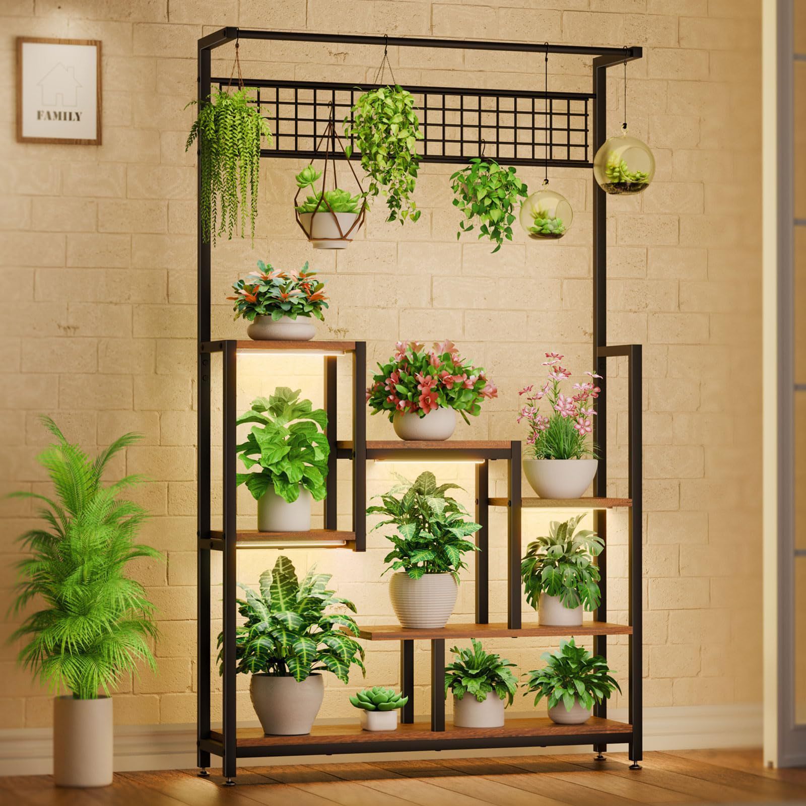 Modern Garden Living Room Metal Wooden Storage Bookcase Book Shelves Iron Multiple Tier Indoor Tall Plant Stand with Glow Lights