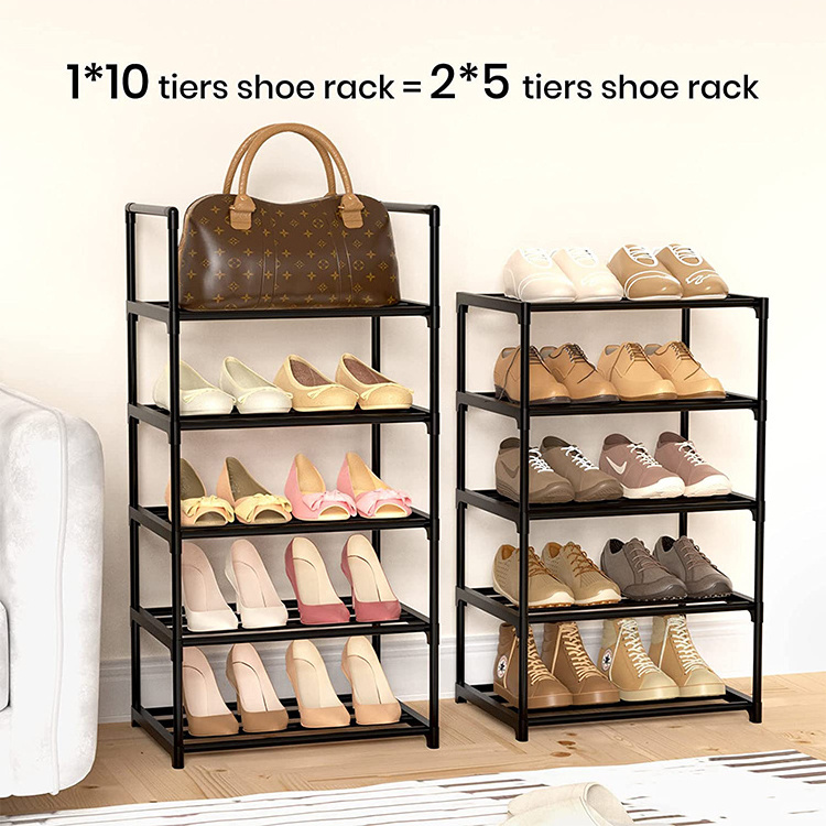 Entrance channel dual shoe storage rack Durable black metal stackable shoe cabinet with hook