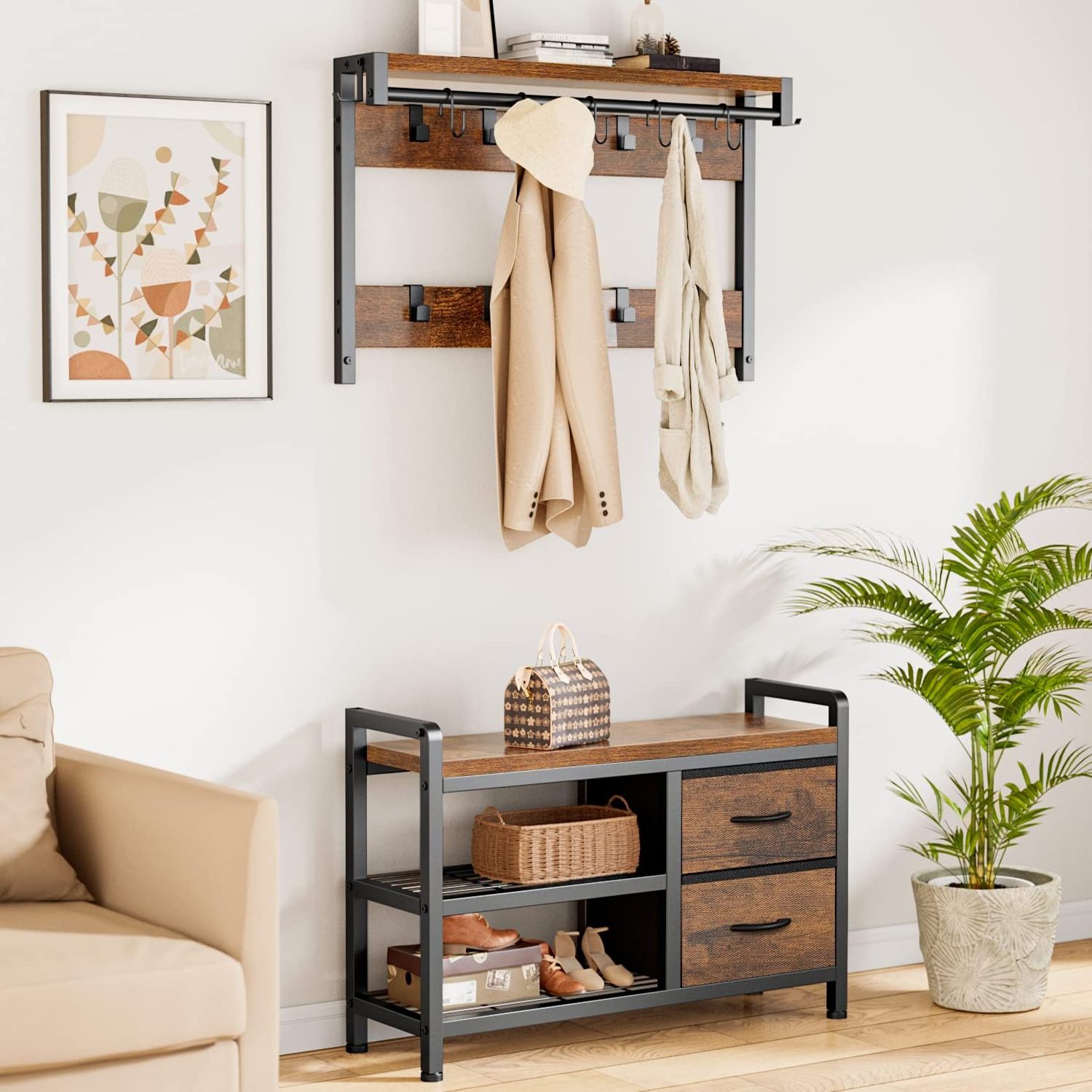 Entryway Bench with Coat Rack freestanding  Intelligent Design Shoe Bench and Wall Rack 17 Hooks and Drawers