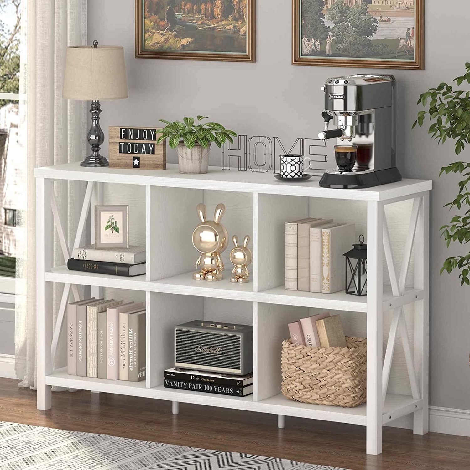 White Industrial Horizontal Bookshelf 6 Cube Storage Organizer with Shelf TV stand