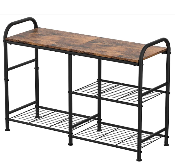 3 Tier Small Metal Shoe Rack Storage Organizer Shelf with Wood Bench