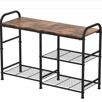 3 Tier Small Metal Shoe Rack Storage Organizer Shelf with Wood Bench