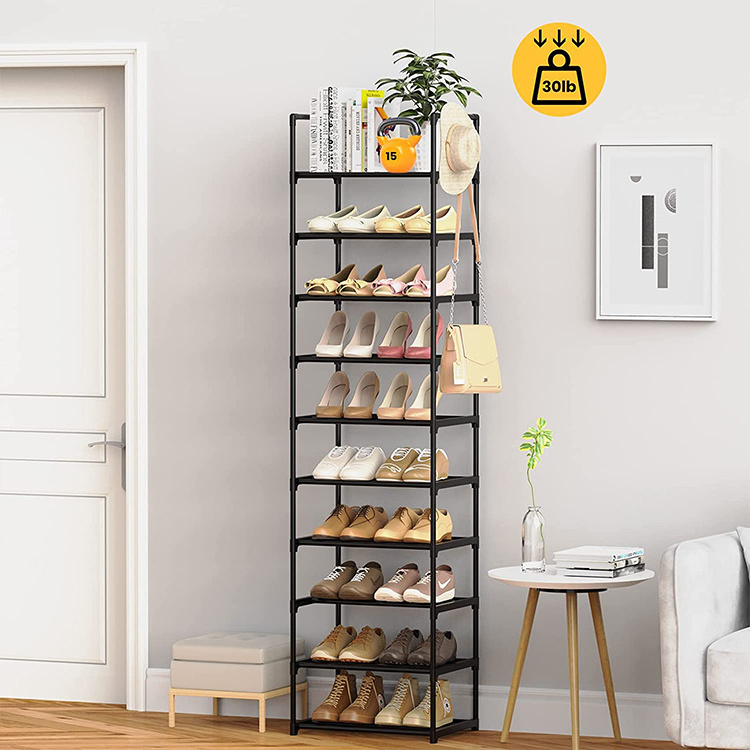 Entrance channel dual shoe storage rack Durable black metal stackable shoe cabinet with hook