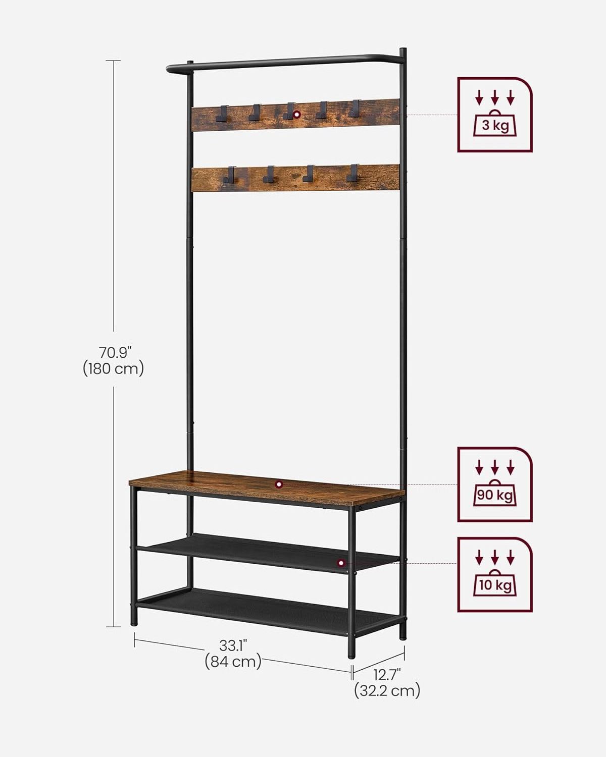 Hall Tree Metal Standing Coat Rack with Shoe Bench for Hallway