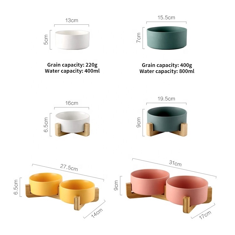 DRH Raised Pet Cat Dog Food Water Bowl Set Puppy Ceramic Dog Bowl with Wood Stand Non-Slip White Pet Bowls Dog and Cat