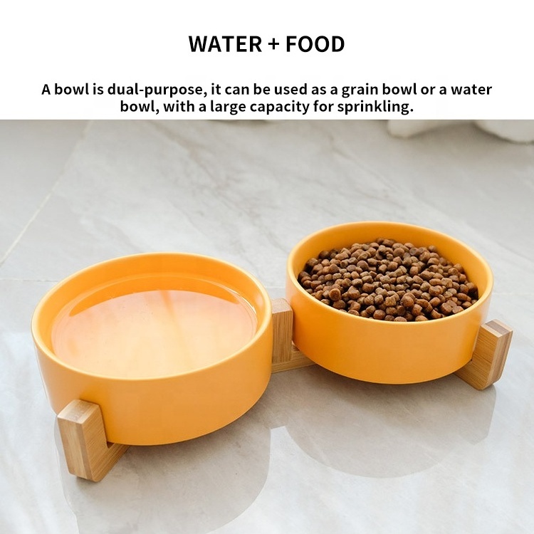 DRH Raised Pet Cat Dog Food Water Bowl Set Puppy Ceramic Dog Bowl with Wood Stand Non-Slip White Pet Bowls Dog and Cat