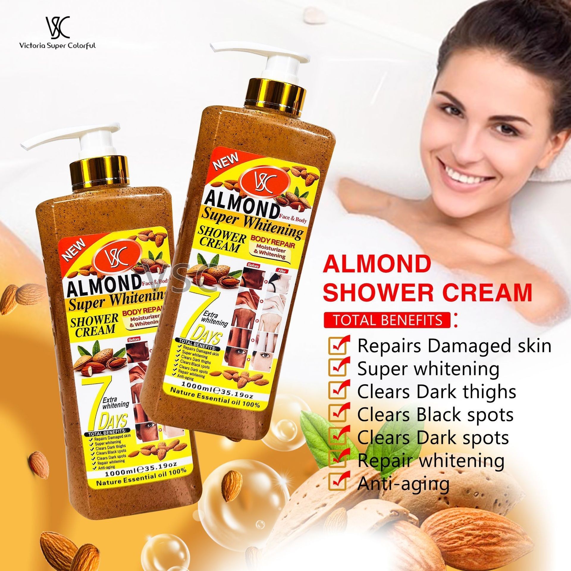 Hot Selling Almond Whitening Shower Gel  Refresh Skin Deep Cleaning Body Wash Hydrating Exfoliating Scrub Lightening Soap