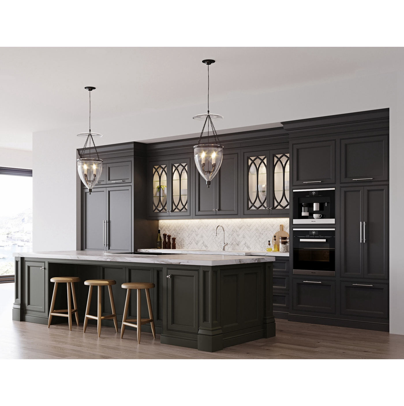 American Classic Custom Design Modern Cupboard Modular Solid Wood Dark Black Grey Shaker Door Kitchen Cabinet With Island