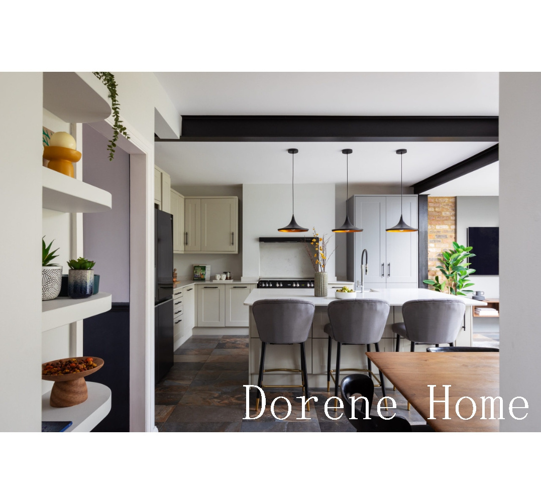 Dorene Classic Shaker Creamy White Lacquer Hdf Black Handles Led Strip Light Kitchen Cabinets With Pantry And Island