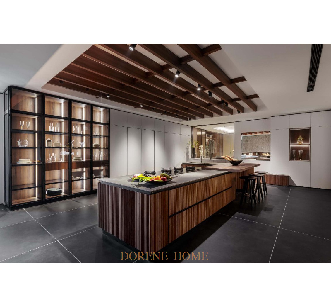 Dorene Modern New Italian Style Fluted Wood Veneer And Black Tempered Tinted Glass Customised Kitchen Cabinet Furniture Design