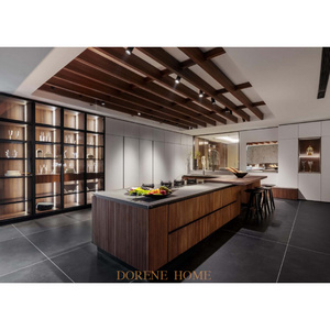 Dorene Modern New Italian Style Fluted Wood Veneer And Black Tempered Tinted Glass Customised Kitchen Cabinet Furniture Design