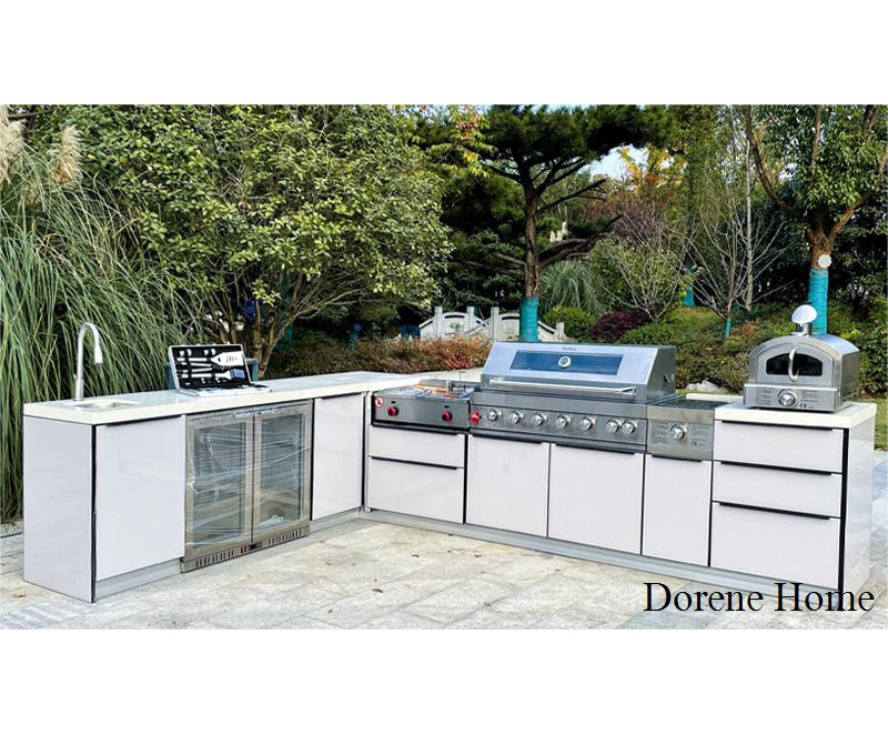 2023 Dorene White L Shaped Lacquer Glass Doors Waterproof Stainless Steel Outdoor Kitchen Sink Base Cabinet With Accessories