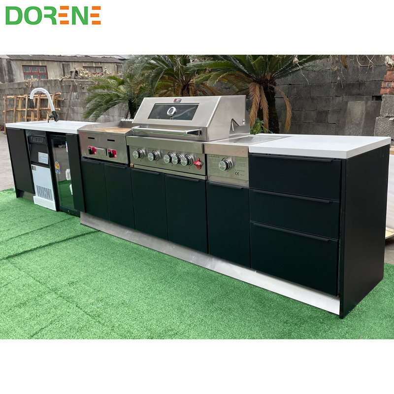 HOT SALE Waterproof Matt Black Lacquer Modern Design Aluminum Glass Stainless Steel Outdoor BBQ Kitchen Cabinet With Grill