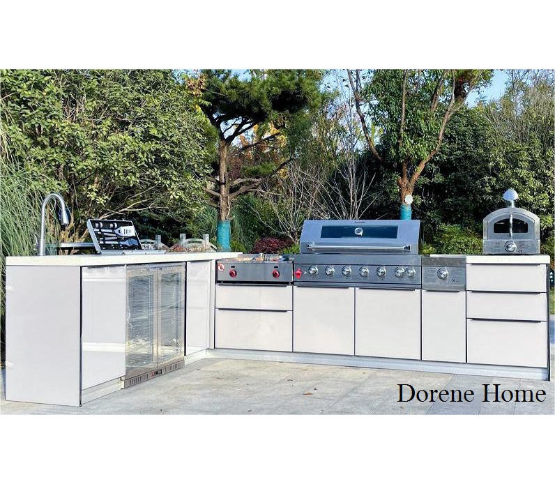 2023 Dorene White L Shaped Lacquer Glass Doors Waterproof Stainless Steel Outdoor Kitchen Sink Base Cabinet With Accessories