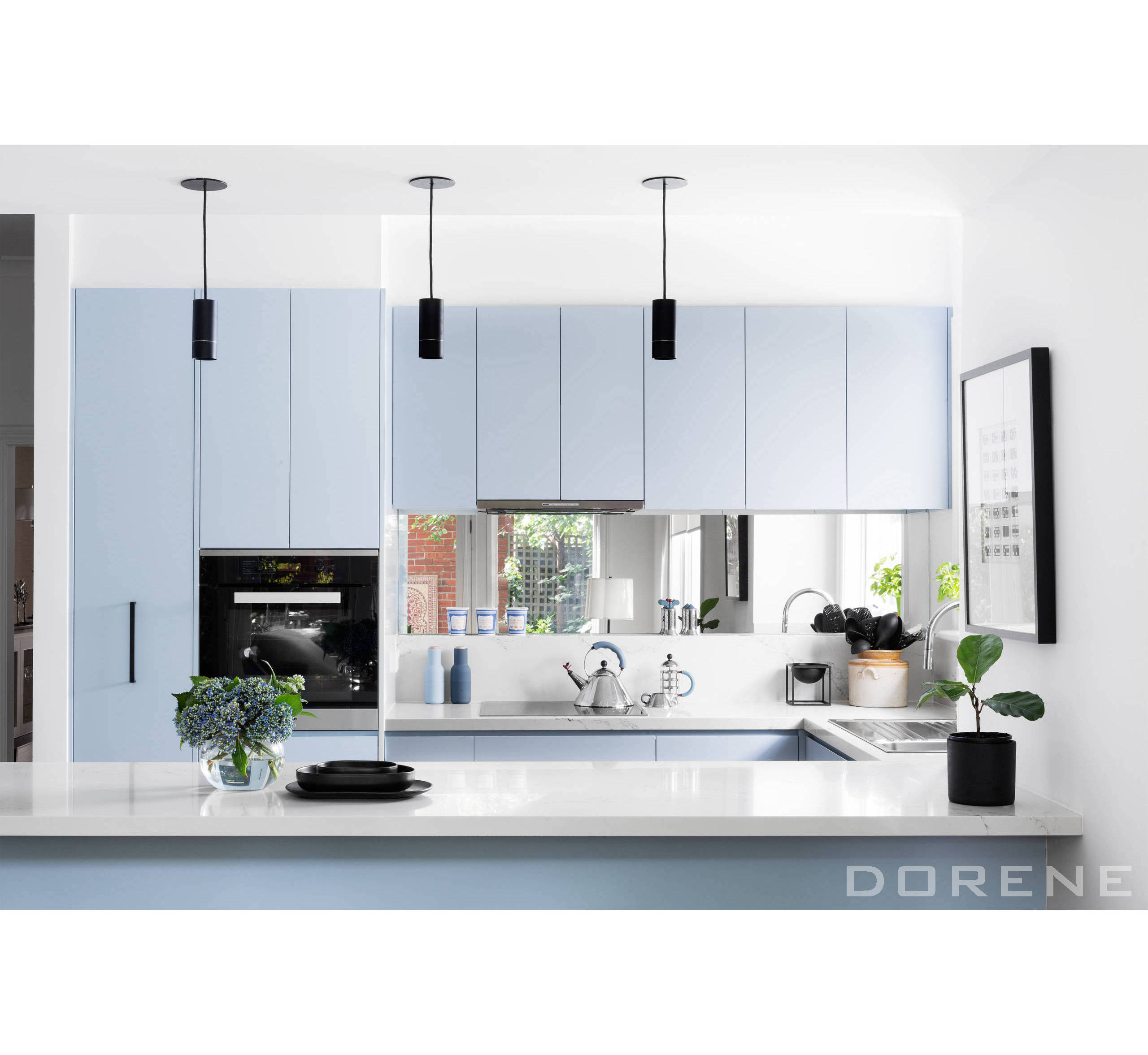 2023 Dorene Light Blue Color MDF Lacquer Semi Gloss Kitchen Furniture Set Cabinet Modern Custom Kitchen Cabinet