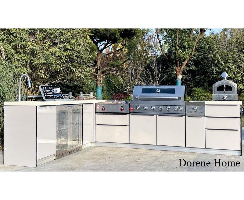 2023 Dorene White L Shaped Lacquer Glass Doors Waterproof Stainless Steel Outdoor Kitchen Sink Base Cabinet With Accessories