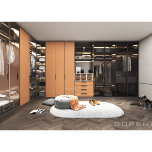 2023 Dorene Orange Color Modern Wooden Aluminum Frame Black Glass Door Space Saver Bedroom Wardrobe Cabinet Closet