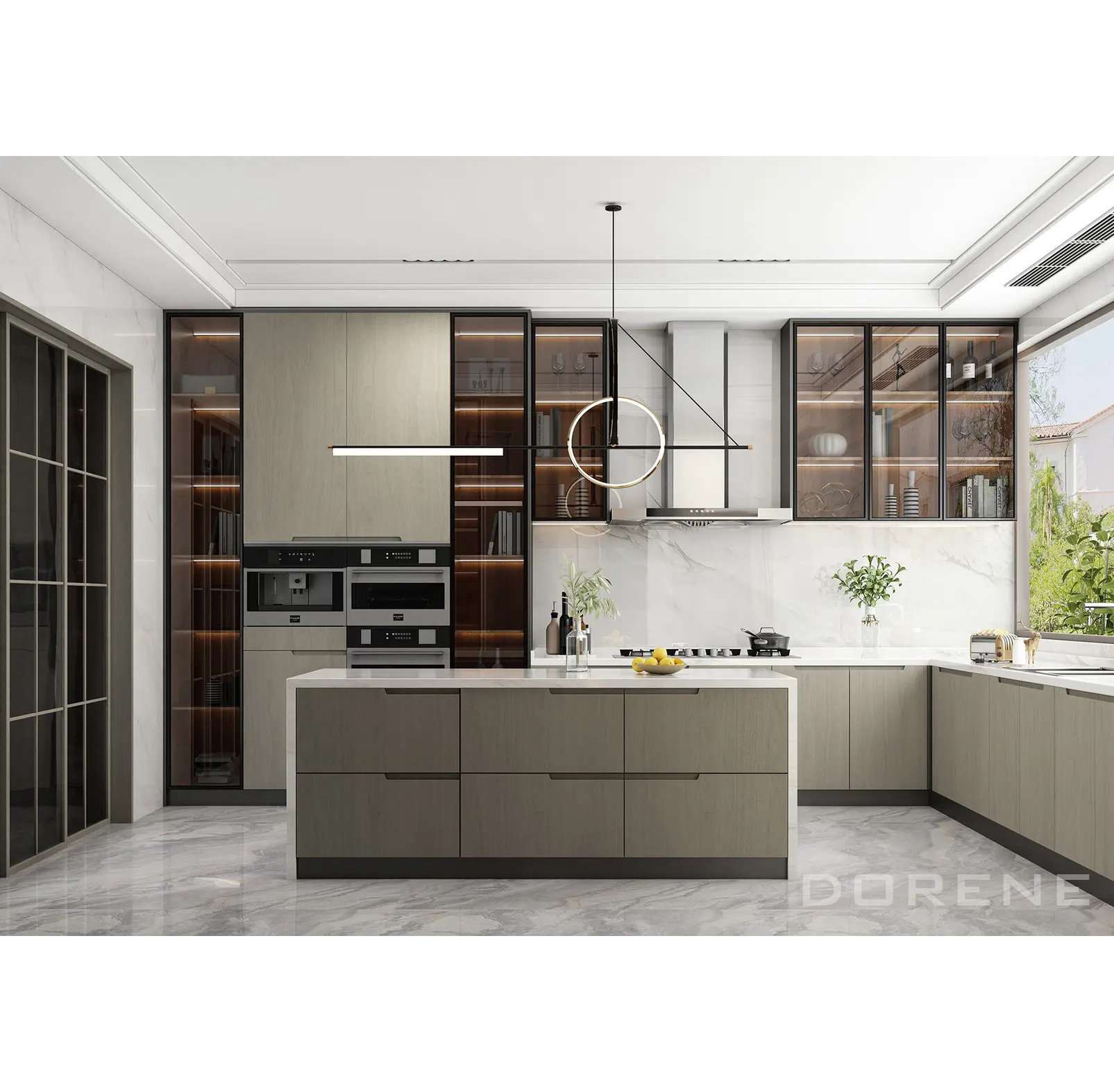 2023 Dorene Wholesale Price High End Modern Design Wood Veneer Tinted Glass Pantry Door Luxury Italian Kitchen Cabinets