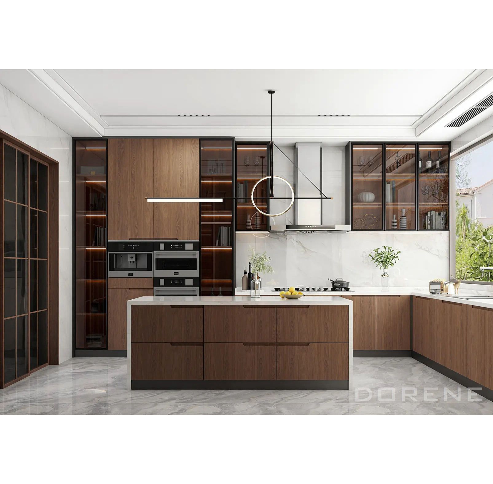 2023 Dorene Wholesale Price High End Modern Design Wood Veneer Tinted Glass Pantry Door Luxury Italian Kitchen Cabinets