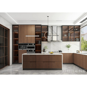 2023 Dorene Wholesale Price High End Modern Design Wood Veneer Tinted Glass Pantry Door Luxury Italian Kitchen Cabinets