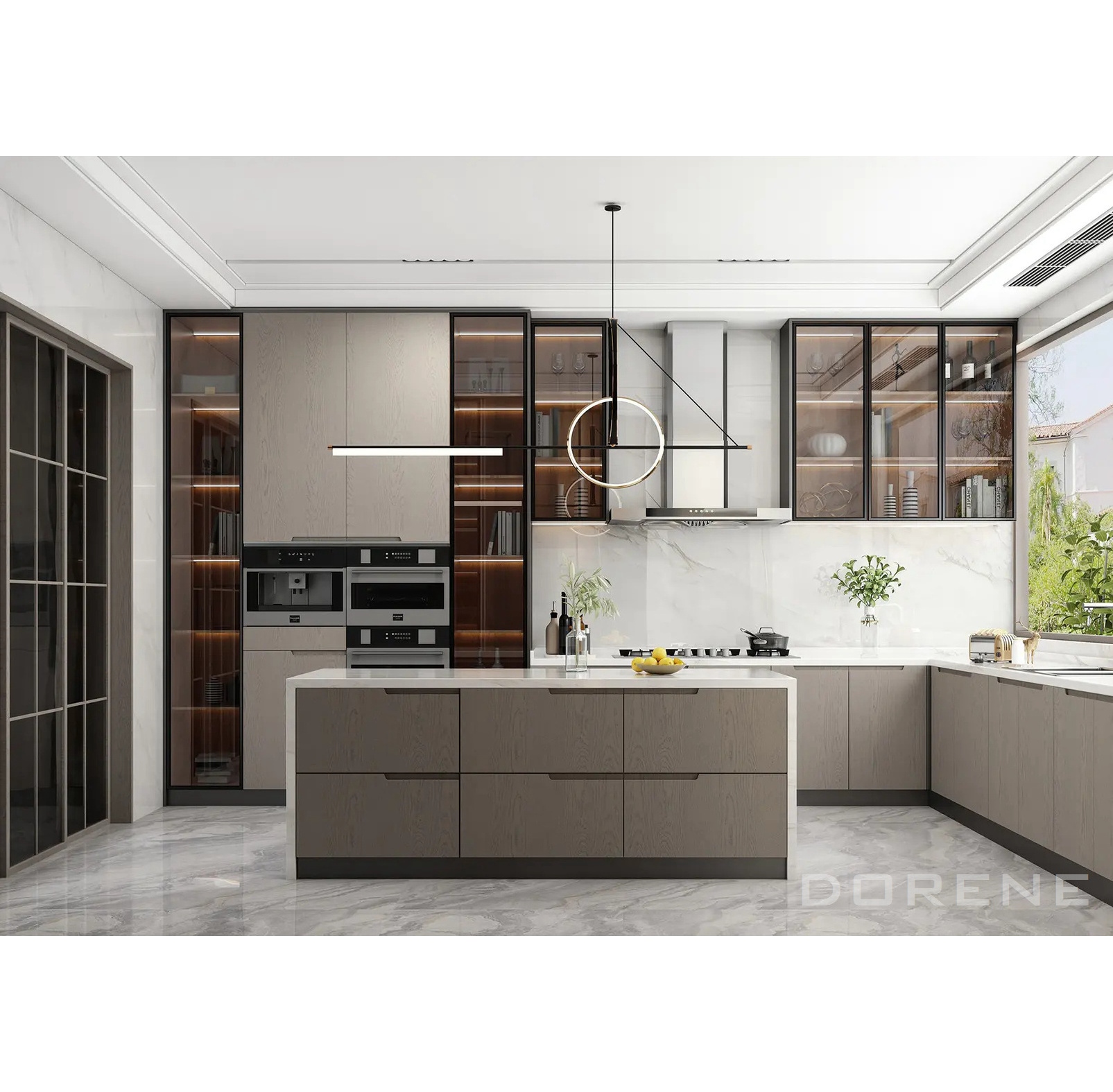 2023 Dorene Wholesale Price High End Modern Design Wood Veneer Tinted Glass Pantry Door Luxury Italian Kitchen Cabinets