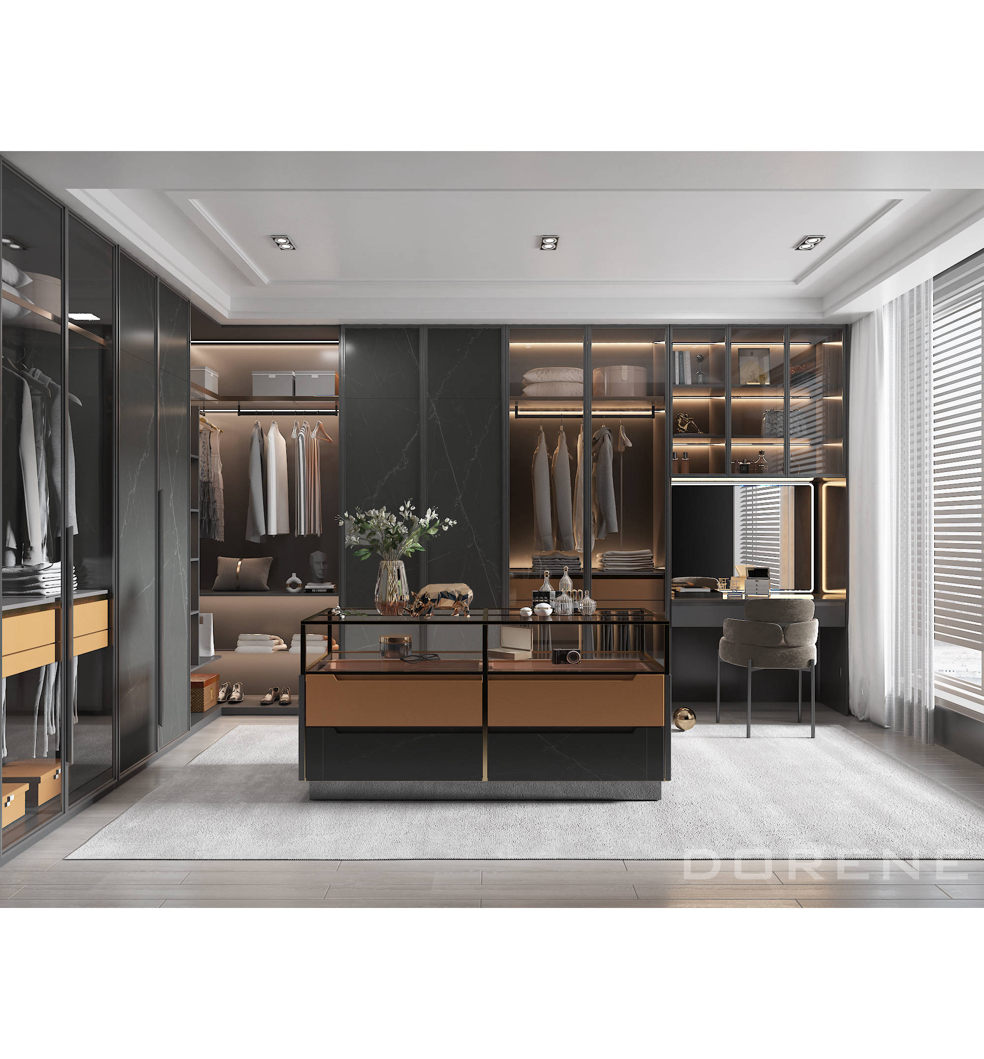 2023 Dorene Fancy Men's Wardrobe Island Good Quality Bedroom Storage Furniture Walk In Wardrobes With Shelves