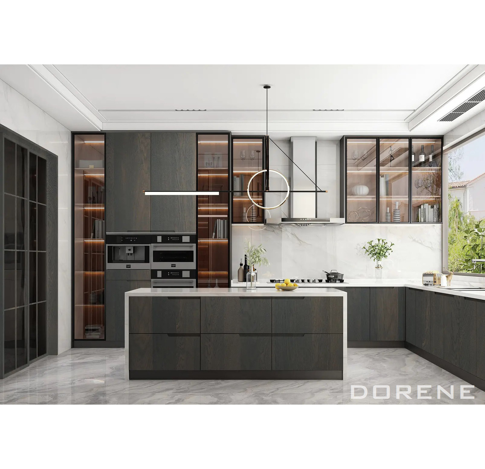 2023 Dorene Italian Design G Profile Handle Wood Veneer Made In China Kitchen Wall Hanging Cabinet With Glass Doors