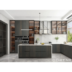 2023 Dorene Italian Design G Profile Handle Wood Veneer Made In China Kitchen Wall Hanging Cabinet With Glass Doors