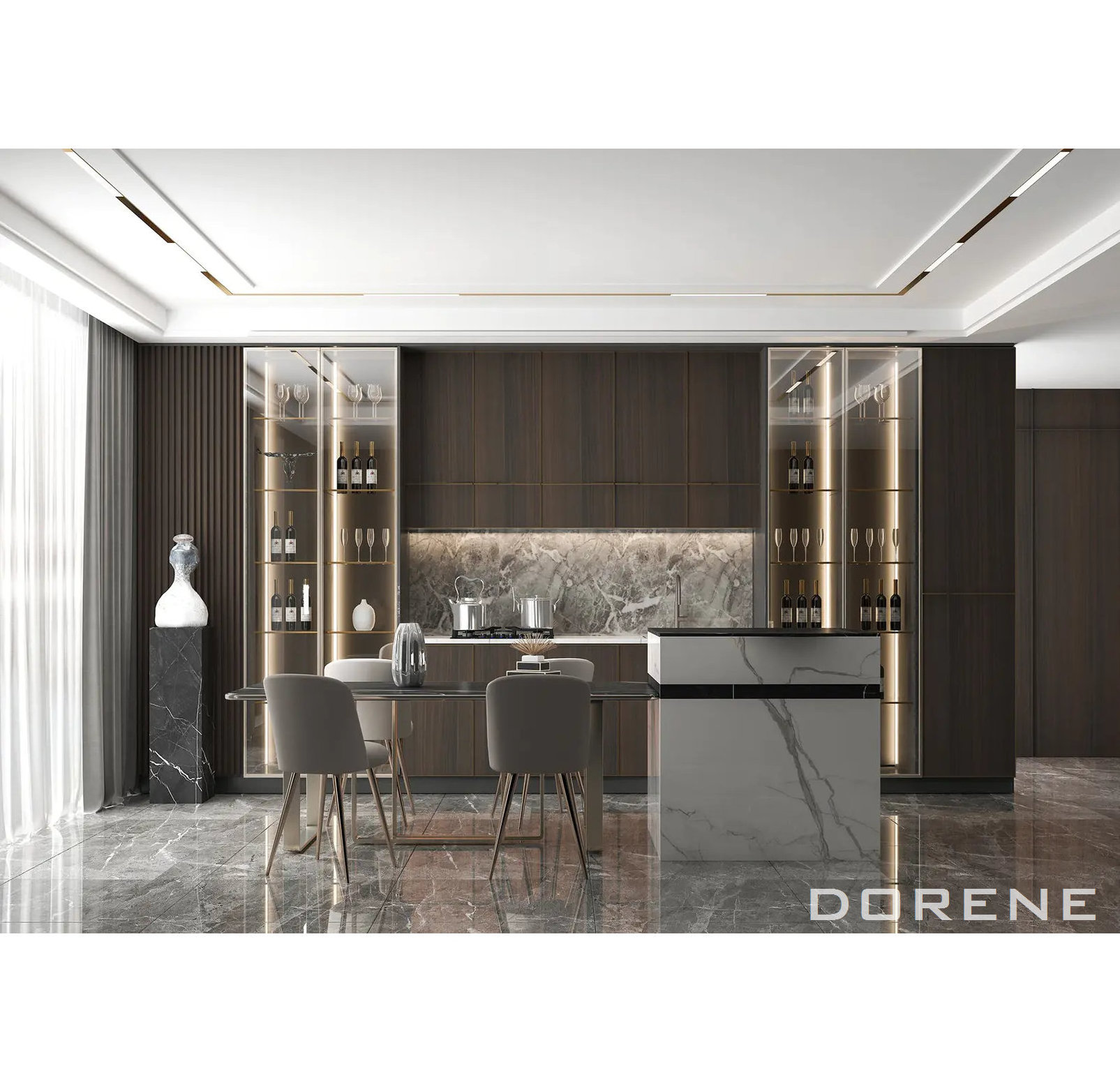 2023 Dorene Italian Design G Profile Handle Wood Veneer Made In China Kitchen Wall Hanging Cabinet With Glass Doors