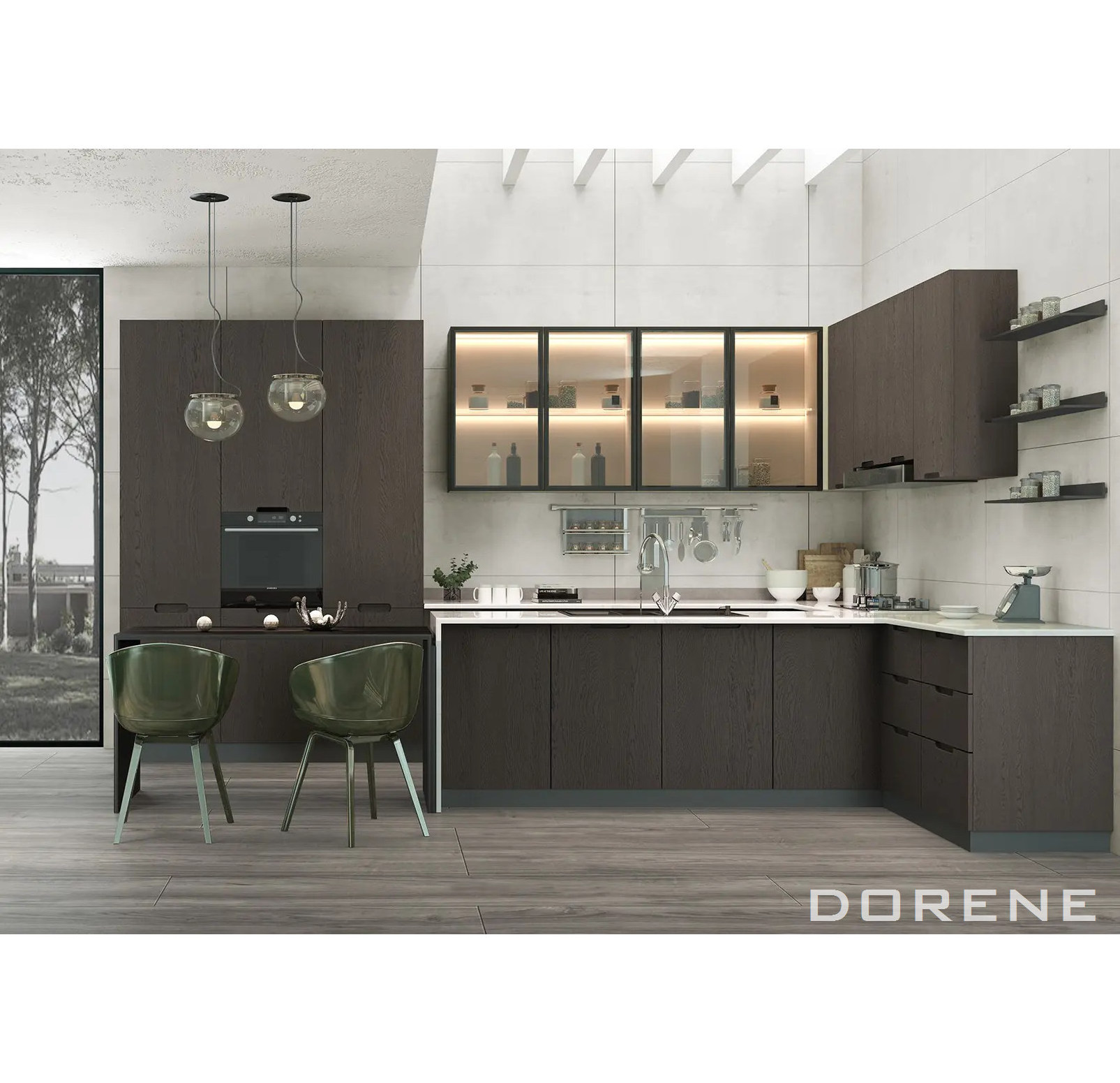 2023 Dorene Italian Design G Profile Handle Wood Veneer Made In China Kitchen Wall Hanging Cabinet With Glass Doors