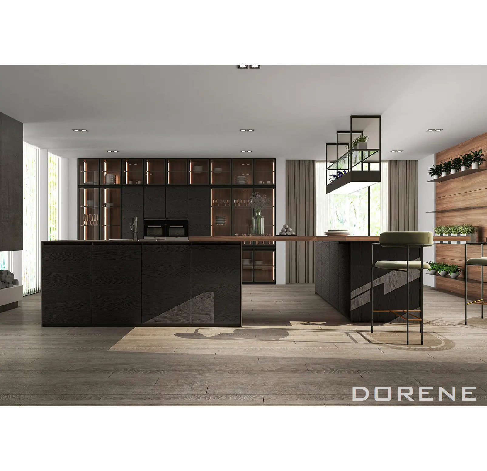 2023 Dorene Italian Design G Profile Handle Wood Veneer Made In China Kitchen Wall Hanging Cabinet With Glass Doors