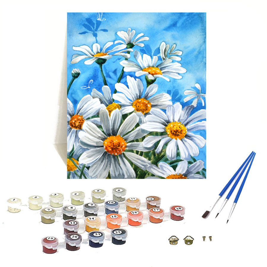 Drofe TZ6226 DIY White daisies flower oil painting chrysanthemum painting by numbers on canvas framed wholesale