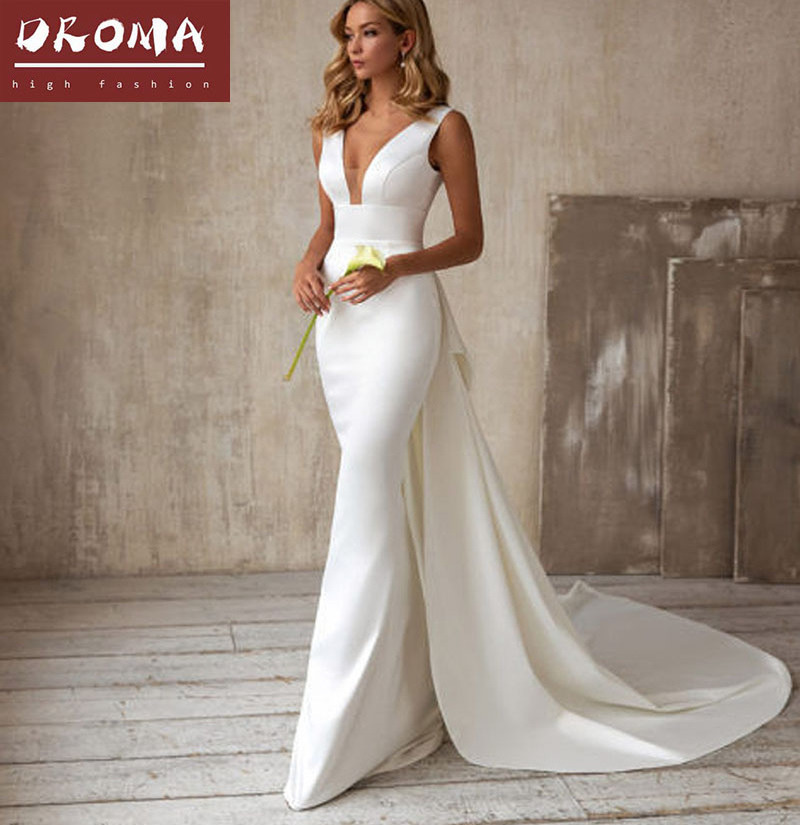 Droma ready to ship high quality fashion v-neck sleeveless sexy white 2021 girl wedding dress wholesale