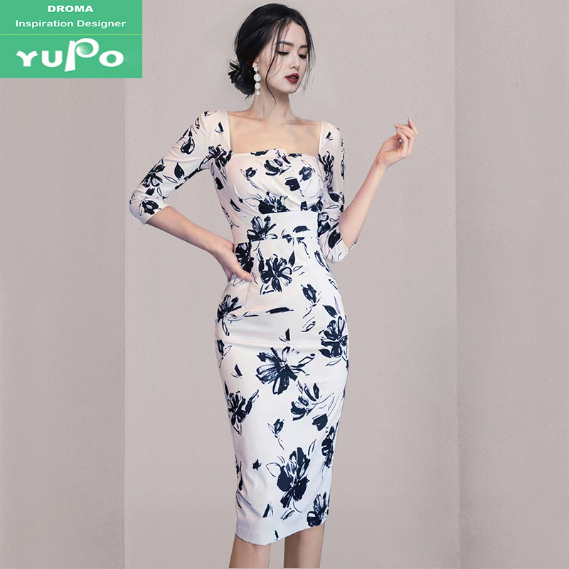 Droma high quality ladies skirts square neck half sleeves fashion slim tight mature medium printed temperament dress