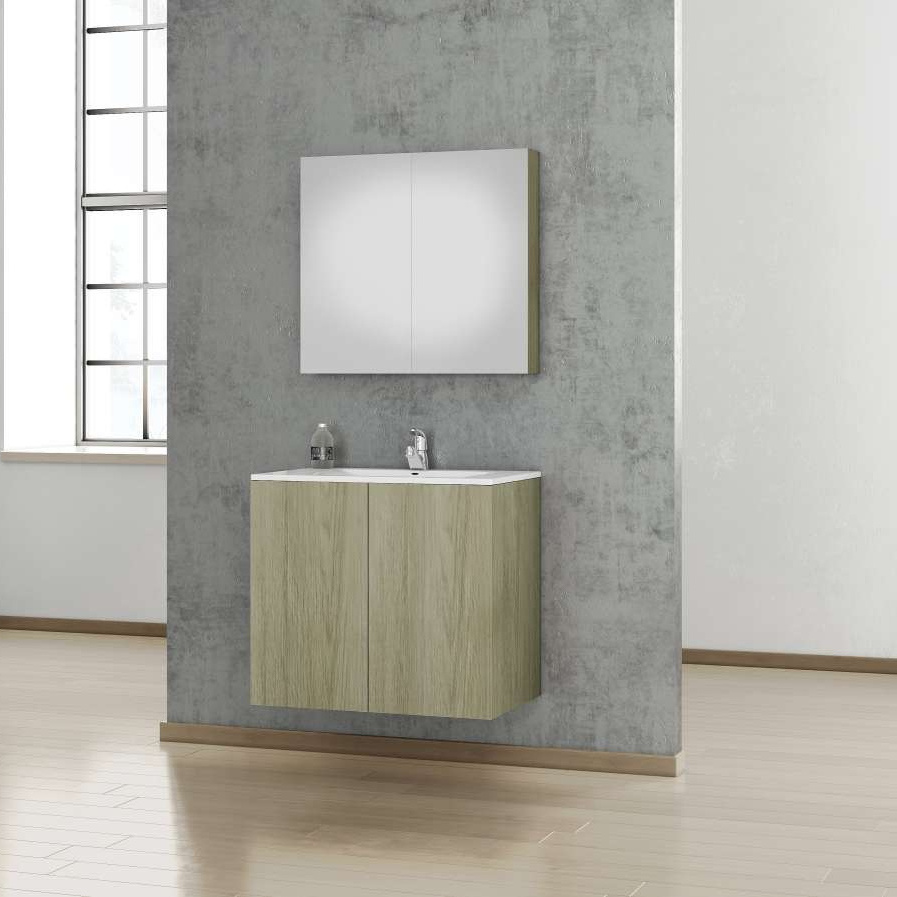 European manufacturer 75cm Bathroom vanity wall hung contemporary style vanity with mirror and push to open doors storage space