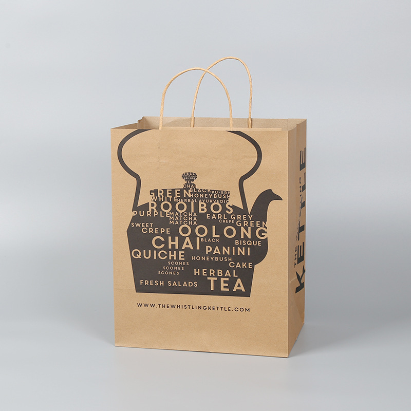 Wholesale custom printed white brown shopping kraft paper bag with handle restaurant carry out to go bag fast food takeaway bag