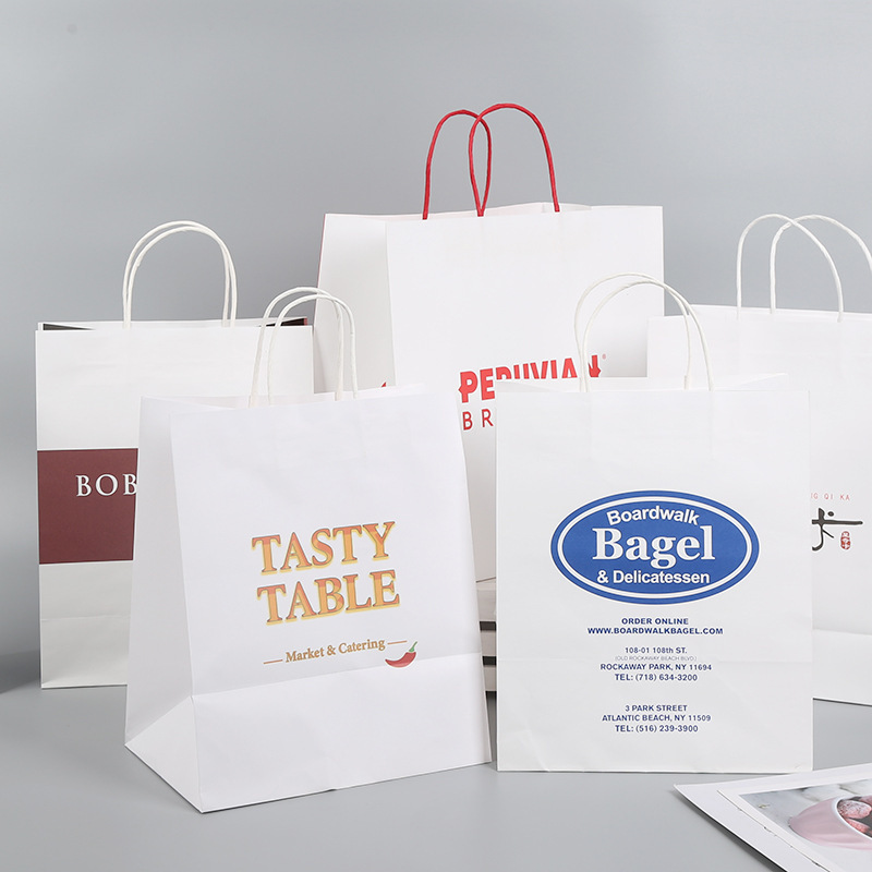 Wholesale custom printed white brown shopping kraft paper bag with handle restaurant carry out to go bag fast food takeaway bag