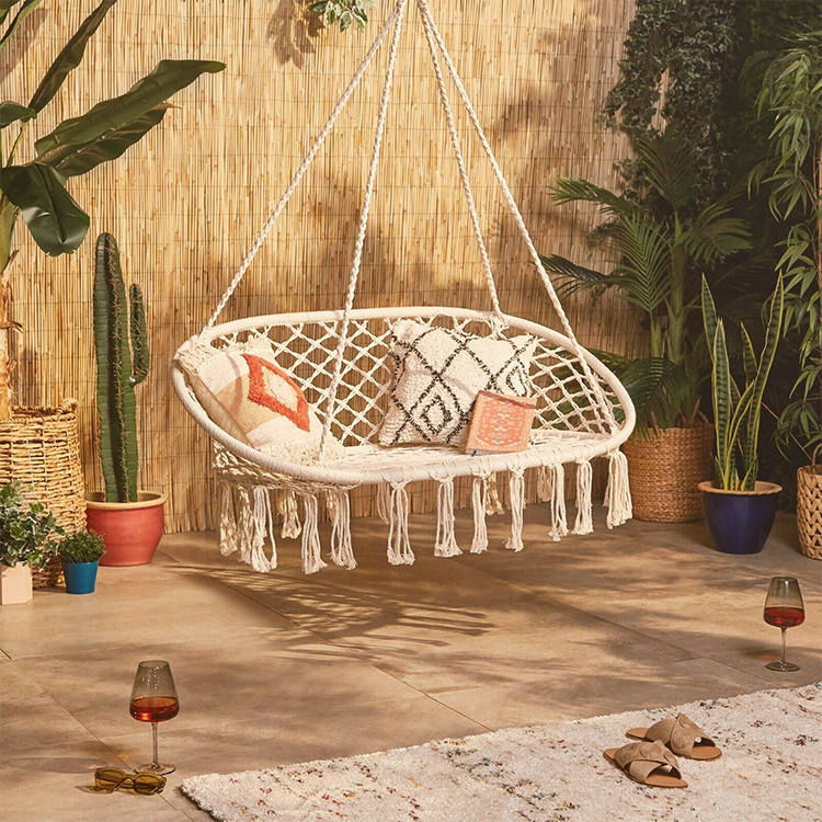 High Quality Indoor Outdoor Durable Garden Customized Net twine knitting Patio 2 Seats Double Swing Chair Set