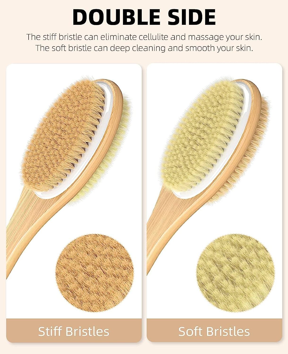 Natural Shower Brush Double Sided Wooden Bath Brush Back Scrubber Dry Brush Exfoliation Back Long Handle Stiff Bristles