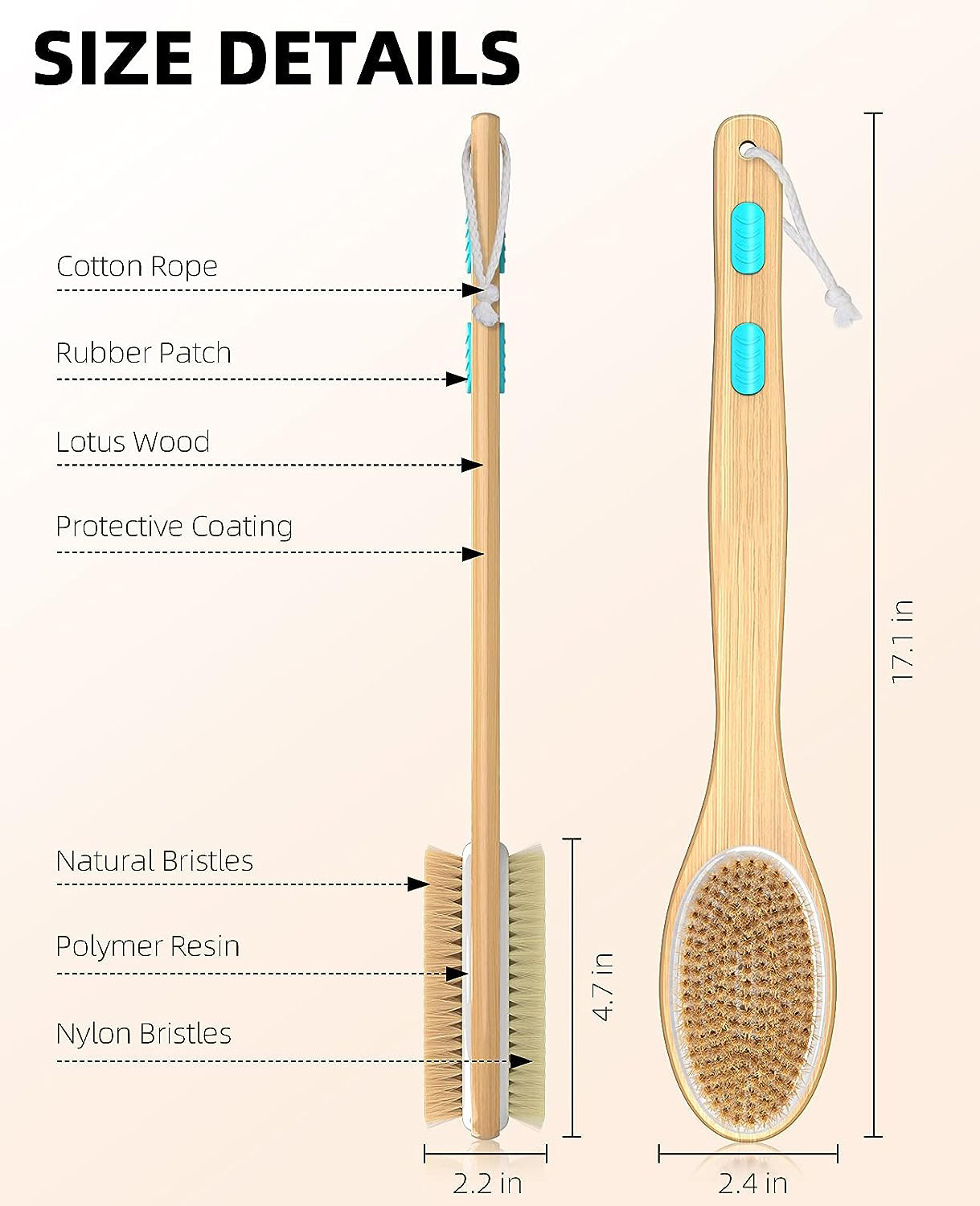 Natural Shower Brush Double Sided Wooden Bath Brush Back Scrubber Dry Brush Exfoliation Back Long Handle Stiff Bristles