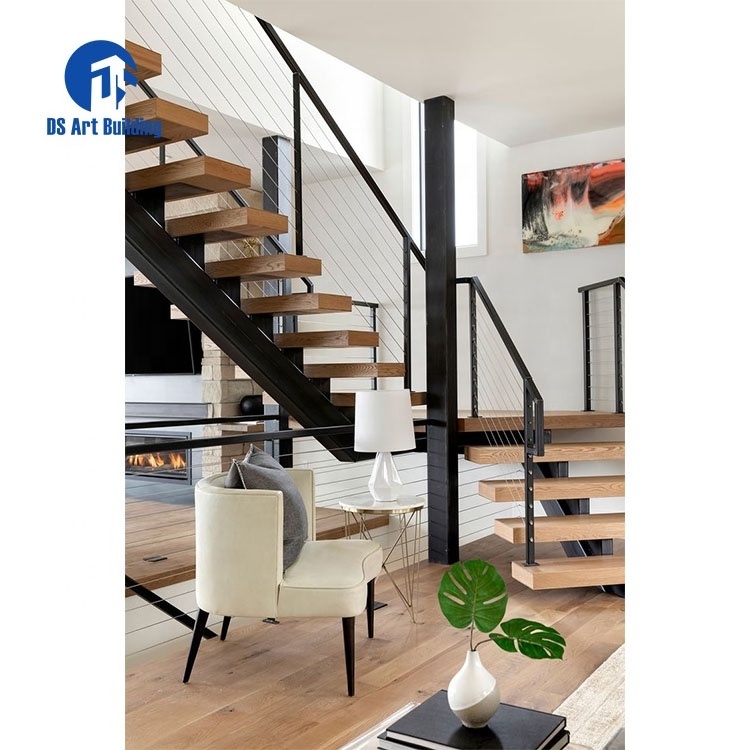 DS Affordable Design Walnut Slab Granite Loft Indoor Folding Wood Stairs Floating and Straight Stairs Staircase