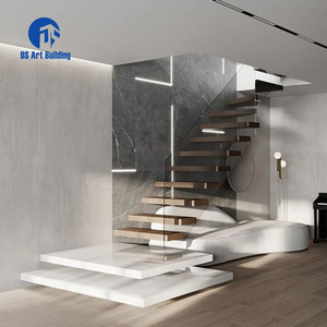 DS Floating staircase kit in stairs with hardwood tread and glass balustrade indoor wood stair