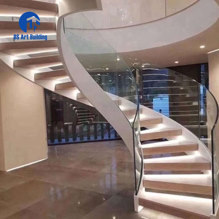 DS American red oak treads indoor use arc stair curved staircase with glass balustrade