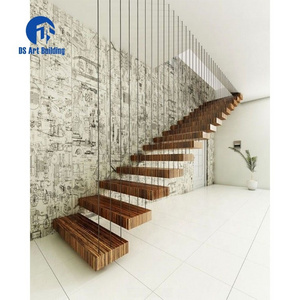 DS American White Oak Wood Untreated Treads Indoor Stairs Design with Rods Balustrade